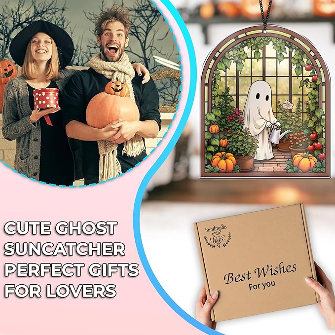 2 Cute Halloween Suncatcher Decorations, 6" Spooky Cute Ghost Plant Window Hangings, Ghost with Black Cat Greenhouse, Pumpkin Ornaments Home Garden, Gifts for Plant Lovers, Women