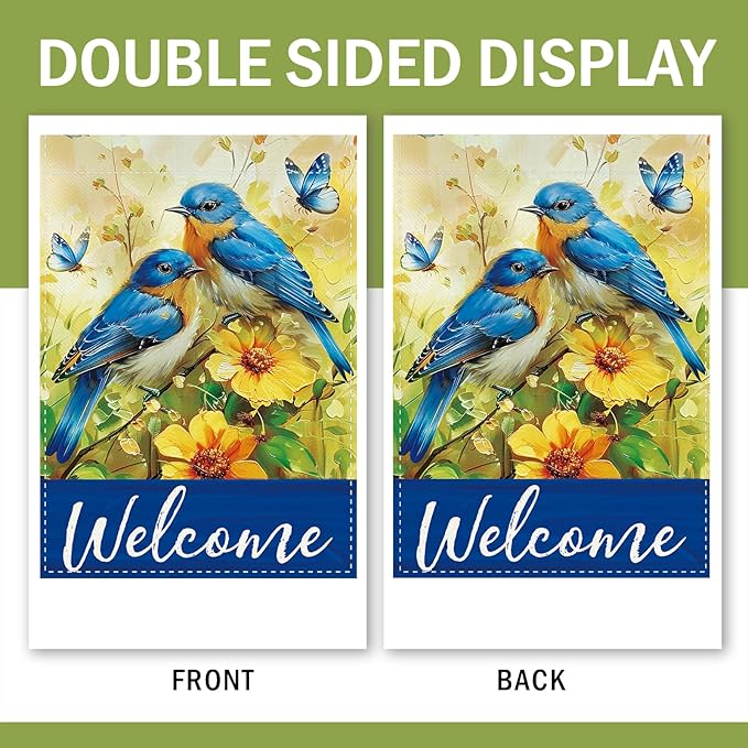 Welcome Spring Summer Bluebirds Decorative Garden Flag, Yellow Flower Butterfly Small Yard Outside Decorations, Farmhouse Floral Burlap Outdoor Home Decor Double Sided 12 x 18