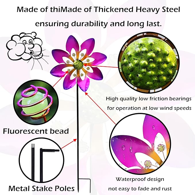 COOZZYHOUR Outdoor Metal Flower Wind Spinners,36 Inch Purple Flower Windmill with Stake,Pinwheels for Yard Lawn Patio and Garden Decor-Purple