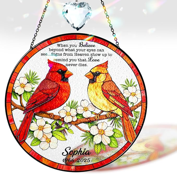 Personalized Cardinal Stained Glass Memorial Suncatcher, Custom Cardinals Window Hanging with Quote, Meaningful Sympathy Gifts for Loss of Loved One, Memorial Day for Mom, Dad, Grandparent