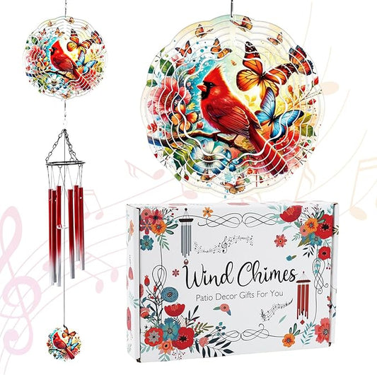 Cardinal Wind Chimes for Outside with 3D Butterfly Spinner, 28" Memorial Wind Chimes for Loss of Loved One, 6 Tuned Aluminum Tubes, Sympathy Gifts for Mom Grandma Garden Patio Decor