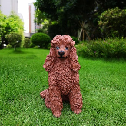 Poodle Garden Statue with Solar Lantern, Realistic Dog Sculpture, Birthday Gift for Women Mom Grandma, Housewarming Gift for New Home, Outdoor Resin Puppy Decor,Brown