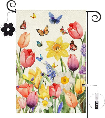 Baccessor Spring Easter Tulip Garden Flag Double Sided 12.5 x 18 Inch Burlap with Clip and Stopper,Daffodil Floral Butterflies Flag Seasonal Farmhouse Front Yard Lawn Outside Outdoor Decoration