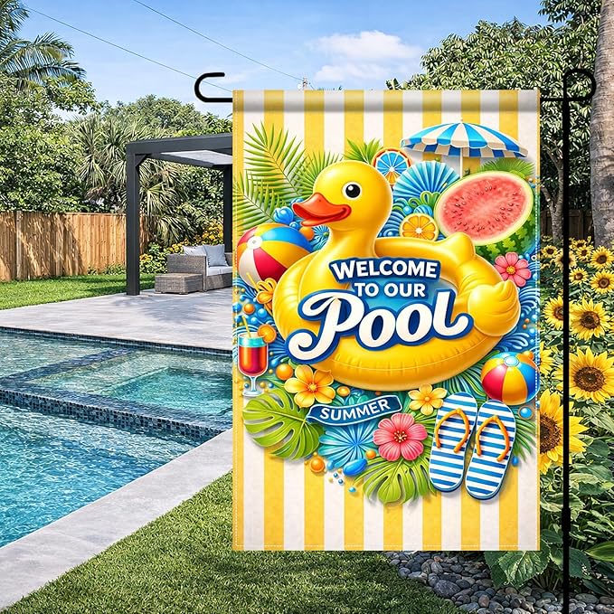 BlissYard Welcome To Our Pool Garden Flag 12x18 Double Sided Vertical Outdoor Decor Rubber Duck Summer Poolside Yard Garden Lawn Banner Bright Seasonal Display