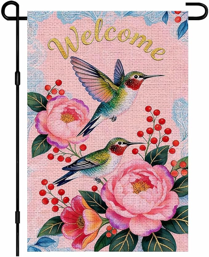 IVN Hummingbird Garden Flag 12x18 Inch – Welcome Floral Outdoor Flag, Double Sided Burlap Spring Summer Yard Flag for Porch Lawn Patio Decor