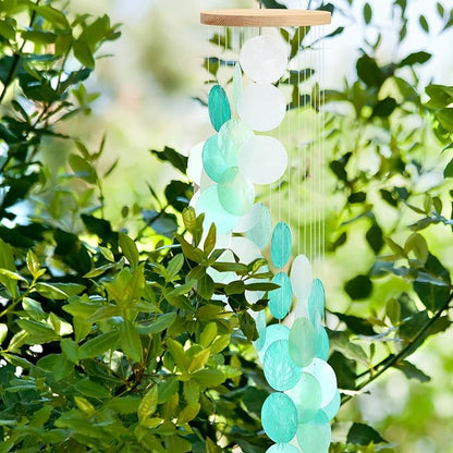 Wenqik Sea Glass Shell Wind Chimes for Outside Seaglass Capiz Windchime Spiral Wind Chimes for Women Beach Holiday Summer Gift Indoor Outdoor Home Housewarming Garden Decor(Light Blue)