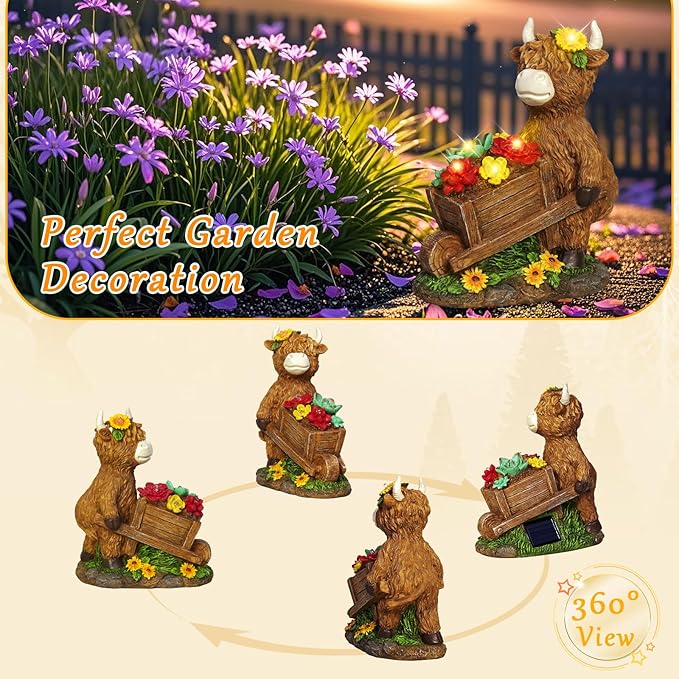 TEDOF Solar Highland Cow Statue with Flower Decor, Funny Outdoor Garden Ornament for Yard Patio Lawn, Birthday Gift for Women Mom