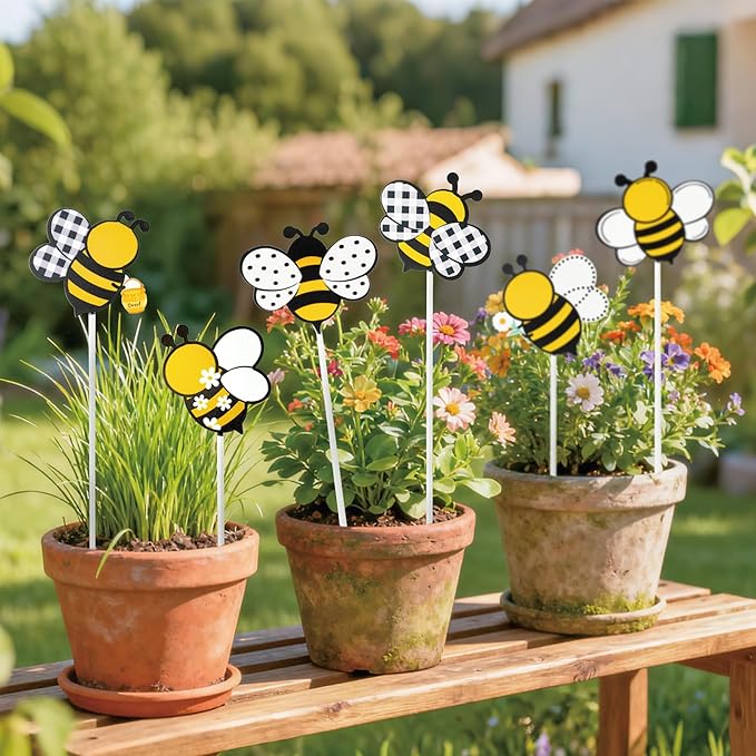 Metal Bee Planter Stakes - 6Pcs Cute Bumble Bee Yard Sign Decorative Garden Stake for Planter Outdoor Backyard Pathway Lawn Plant Flower Pots Decoration Spring Summer Easter Day Party Supply