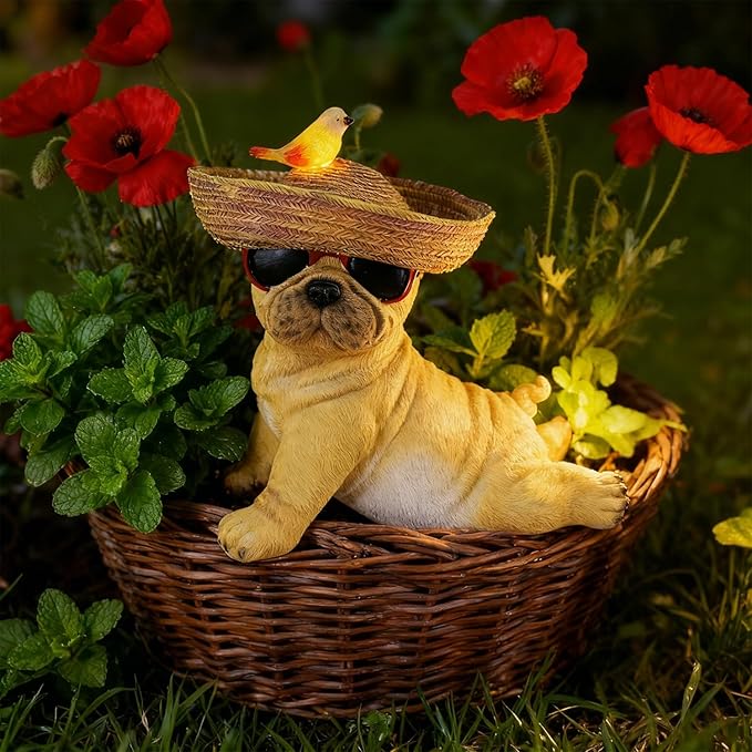 Glintoper Solar Garden Statue Dog Figurine, 8.7" Outdoor Resin Puppy Whimsical Lawn Porch Yard Art, Birthday Mothers Day Ideal Gifts, Lighted Shar Pei Ornaments for Patio Pathway Yard Decoration ﻿