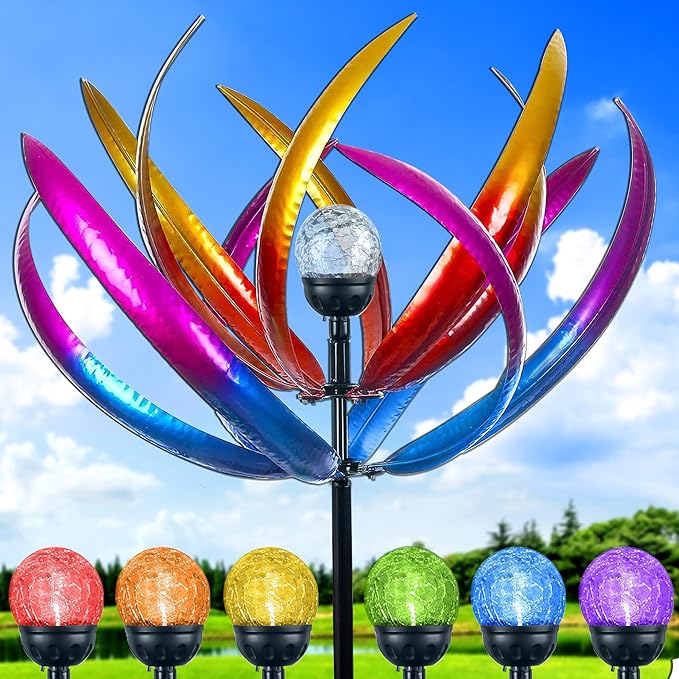 Wind Spinners Outdoor for Yard and Garden - Wind Sculptures & Spinners - 70 Inch Wind Spinner with Solar Powered Multi-Color Glass Ball Light for Yard Garden Backyard Lawn Decorations -Purple and Blue