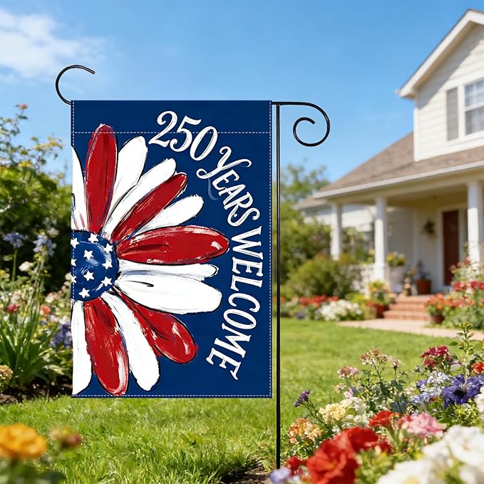 250th Anniversary Garden Flag, Red White Blue Sunflower Garden Flags, 250th Welcome Banner for Independence Day, 12x18 Inch Double Sided 4th of July Garden Flag for Yard & Outside Decor