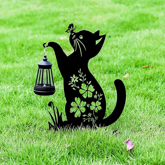 Tfro & Cile Cat Solar Light Outdoor Garden Lantern Stake Black Cat Halloween Decor with Butterfly Silhouette Decoration for Yard Lawn Patio