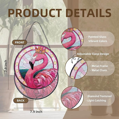 Pink Flamingo Stained Glass Window Hanging, Flamingo Suncatcher, Tropical Pink Flamingos Bird Sun Catchers Indoor Window Round Glass Wall Art Hanging Decorations, 7.9x7.9in
