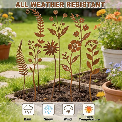 10 Pcs Rusty Metal Flower Garden Stakes,Rustic Metal Fern Leaf Plants,Iron Art Plant Shaped Decoration for Outdoor Lawn Walkway Patio