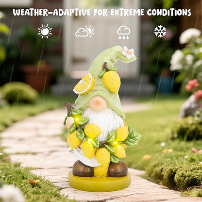 basen Solar Powered Garden Gnome Decor with Lemon Theme, Waterproof Outdoor Lawn Ornaments with Auto On/Off Light, Resin Figurine for Patio, Yard, Pathway, Porch Landscape Lighting Decorations