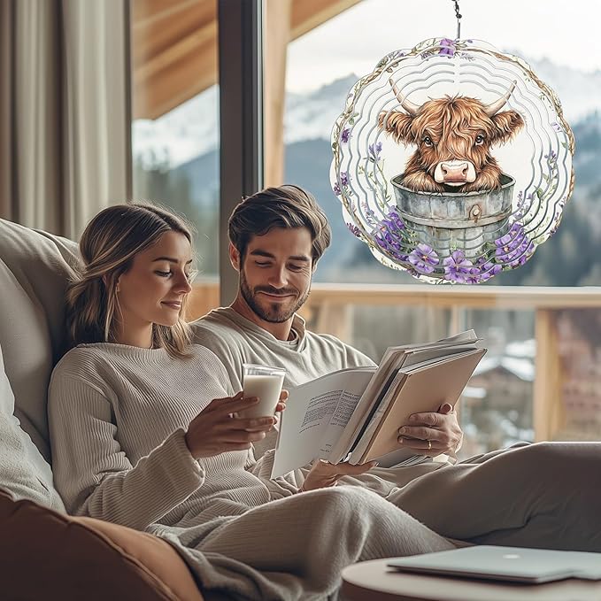 Highland Cow Wind Spinners Outdoor, Hanging Wind Spinner for Garden Decoration, 8 inch 3D Stainless Steel Metal Wind Sculpture for Indoor/Outdoor Decor