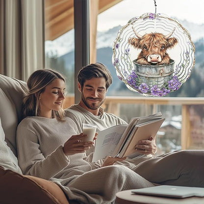 Highland Cow Wind Spinners Outdoor, Hanging Wind Spinner for Garden Decoration, 8 inch 3D Stainless Steel Metal Wind Sculpture for Indoor/Outdoor Decor