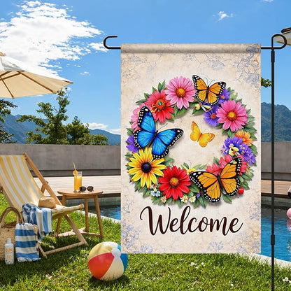 IVN Butterfly Garden Flag 12x18 Inch – Welcome Floral Wreath Outdoor Flag, Double Sided Burlap Spring Summer Yard Flag for Porch Lawn Patio Decor