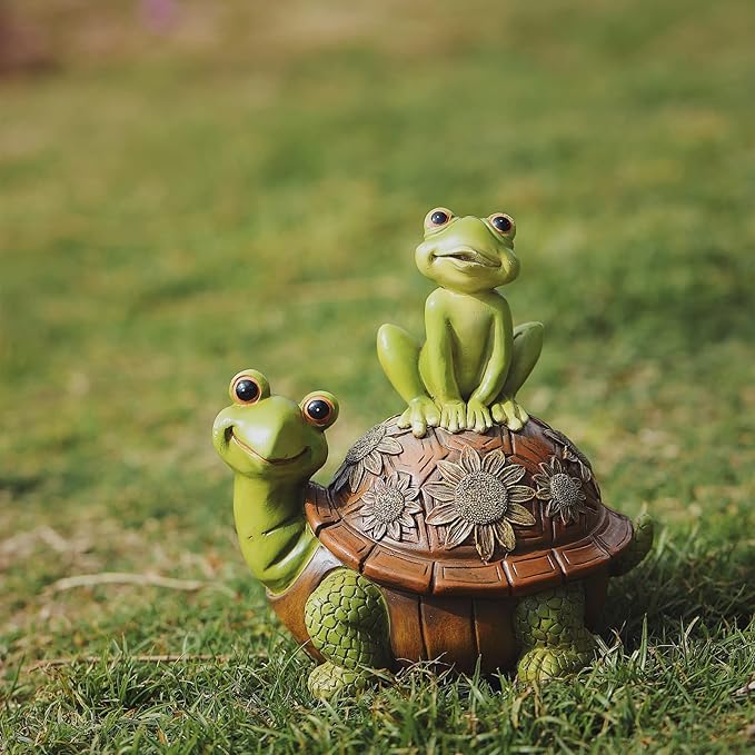 Resin Frog and Tortoise Garden Statue, Green Frog Tortoise Figure for Outdoor Decor Yard and Garden Decoration Resin Sculpture (Frog and Tortoise)