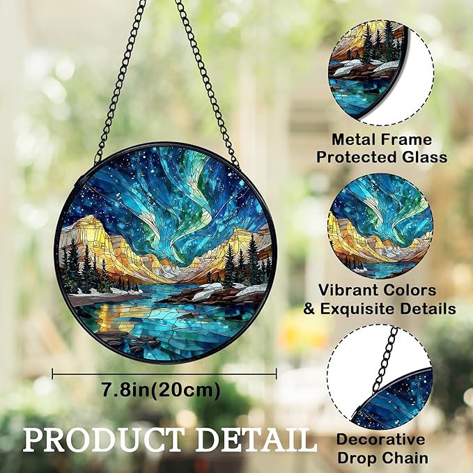 Nature Mountain Aurora Borealis Suncatchers Stained Glass Window Hanging, Northern Lights Sun Catchers Indoor Window Glass Round Wall Decor, Nature Wall Hanging Decorations, 7.9x7.9in
