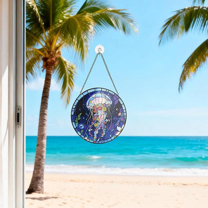 Stained Glass Window Hanging, Blue Jellyfish & Flowers Circular Painted Glass Suncatcher with Chain & Suction Cup for Home Garden Door Decor, Birthday for Women Men Mom 7.8 in