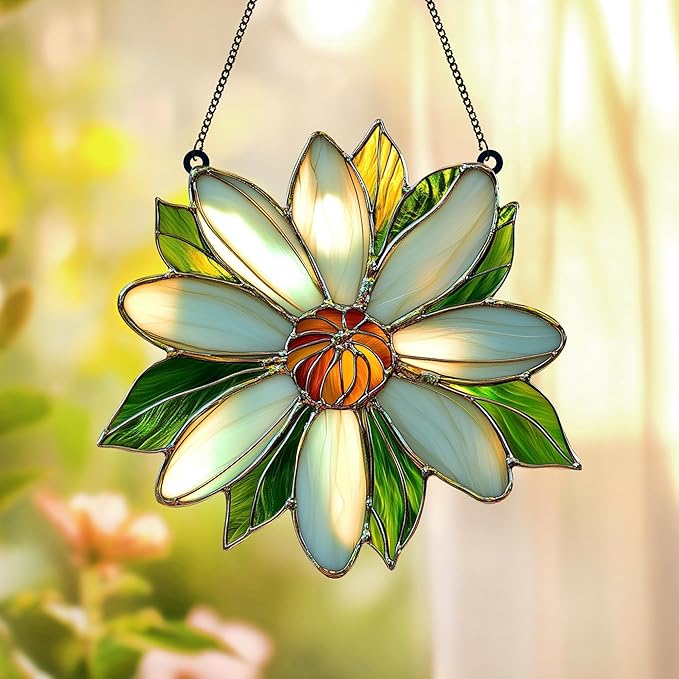 White Daisy Flower Acrylic Suncatcher, Flower Suncatchers for Window Hangings, Stained Glass Effect Garden Decor, Gift for Mother's Day, Mom, Grandma, Wife, Women