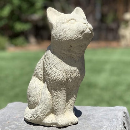 Bird Watching Cat Statue: Durable Solid Stone Kitten w/Aged Texture. Unique Home Décor, Garden Accent. Sealed for Outdoors. Handcrafted USA. (Classic/Whitish)