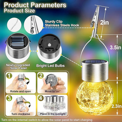 Solar Hanging Lanterns Outdoor: 12 Pack Cracked Glass Ball Lights with Clip - Waterproof Warm White Fairy Globe Lighting Yard Tree Ornaments - Gardening Gifts for Mom Grandma