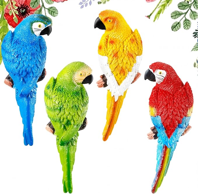 Jetec Parrot Decor Outdoor Tiki Bar Decor Large Realistic Parrot Statues Outside Lifelike Bird Sculptures Garden Patio Yard Lawn Figurines for Tropical Animal Tree Wall(4 Pcs,Blue,Red,Yellow,Green)