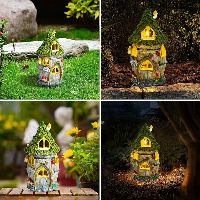 Fairy Garden House with Solar Light, Outdoor Figurine Lights Garden Statues,Yard Decorations Outdoor Fairy Garden Accessories,Decor Gifts for Mom Women,12 Inches, Huge Fairyland House