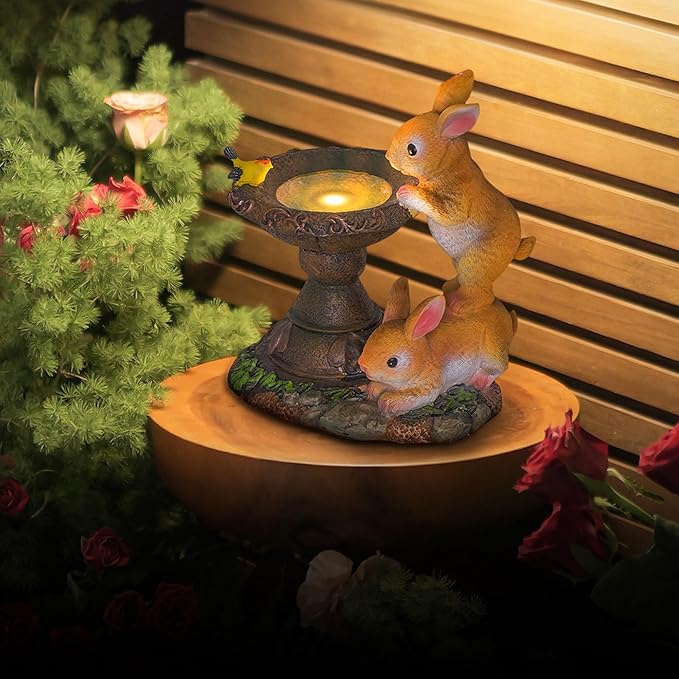 Banax Solar Rabbit Bird Bath for Garden, Ornaments Outdoor Statue Garden Gifts Waterproof Resin Sculpture with Solar Lights Outdoor Ornament for Christmas Decorations & Home Decor