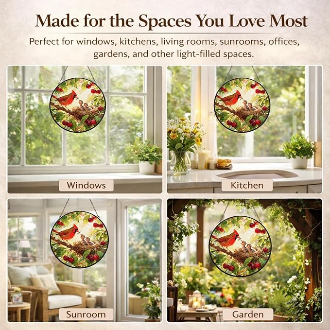 Cardinal Nest Suncatcher Window Hanging, 7.8" Stained Glass Decor, Meaningful for Mom, Family, Friends and Loved Ones, Home Decor for Window, Kitchen, Sunroom and Garden