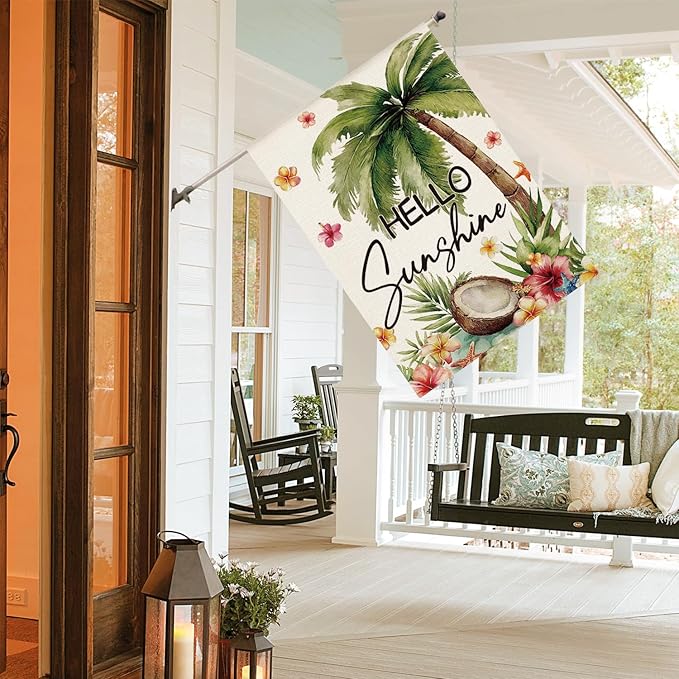 AVOIN colorlife Summer Tropical Palm Tree House Flag 28x40 Inch Double Sided Outside, Hello Sunshine Seasonal Burlap Yard Outdoor Decoration