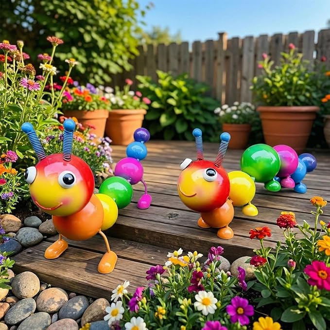 2 PackCute Caterpillar Metal Garden Statues Outdoor Art, Colorful Insect Lawn Ornaments for Backyard Patio Decorations, Funny Animal Yard Decor Gifts for Women Mom