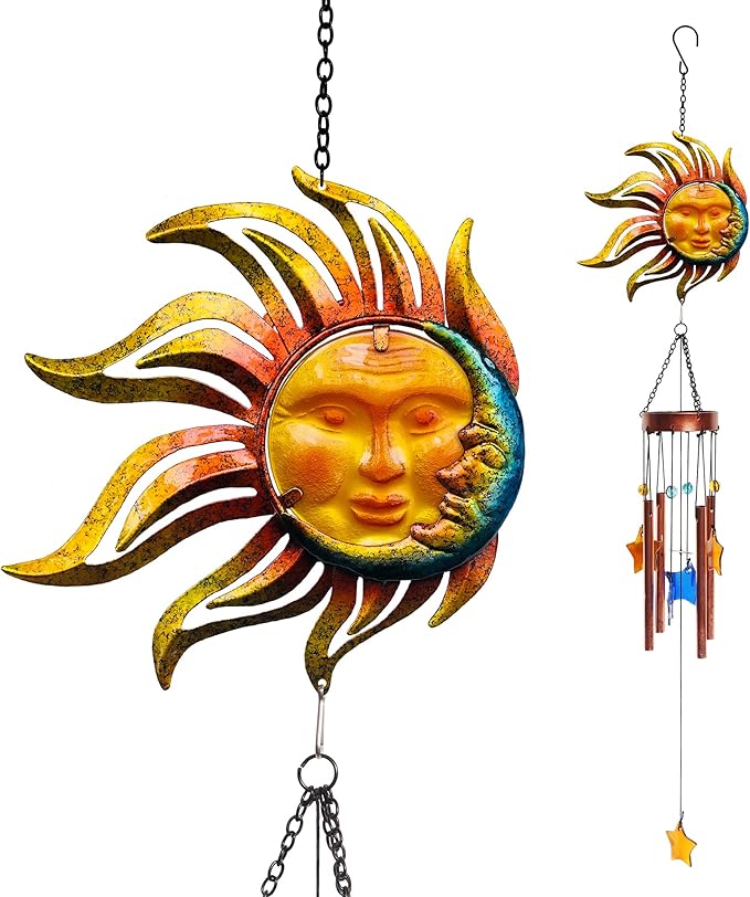 Sun with Flame Wind Chime for Outside Valentine Decoration, Aluminum Tubes with Star Shape Suncatcher, Wind Chimes Hanging for Porch Patio Balcony Decor, 37 Inch