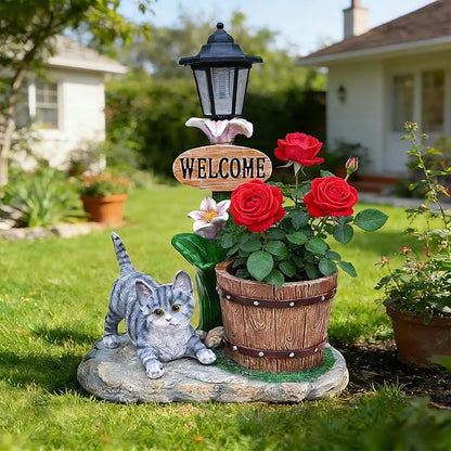 20" Solar Cat Garden Statue with Welcome Sign & Planter - Large Cat Sculpture with LED Street Lantern - Weatherproof Resin Decorative Flower Pot for Porch, Yard & Patio - Pet Lover Gift