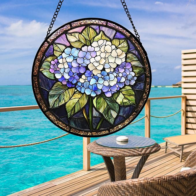 DASTOLL Stained Glass Window Hanging, Hydrangea Flowers Sun Catchers Diamond Glass Panel Hangings Plant Suncatcher Decor for Birthday for Women, Men, Wife, Aunt, and Mom 14.9x14.9 in