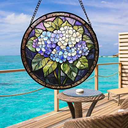 DASTOLL Stained Glass Window Hanging, Hydrangea Flowers Sun Catchers Diamond Glass Panel Hangings Plant Suncatcher Decor for Birthday for Women, Men, Wife, Aunt, and Mom 14.9x14.9 in