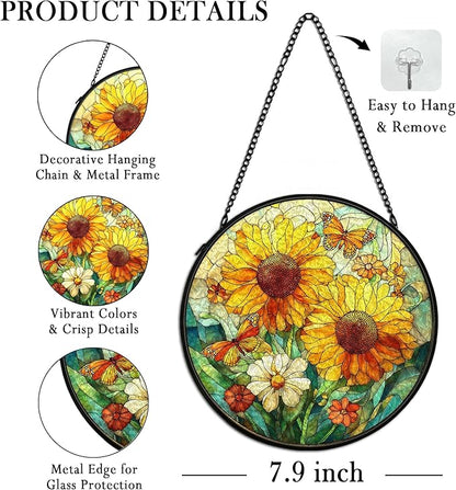 Sunflower Suncatcher Stained Glass Window Hanging Decor, Butterfly Sunflower Cottagecore Stained Glass Wall Decor, Floral Wildflower Lawn Garden Sun Catchers Window Hanging Wall Art, 7.9x7.9 In