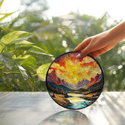 Mountain Sunset Landscape Suncatcher Stained Glass Window Hanging, Nature Landscape Sun Catchers Indoor Window Glass Wall Art Decor, Mountain Wall Hanging Decor Decorations, 7.9x7.9 Inch