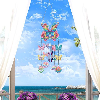 DIY Wind Chime Pendant Spring 3D Diamond Art Painting Hanging Ornament Double Sided Diamond Suncatchers for Window Home Backyard Garden Wall Door Decor (Butterfly03)