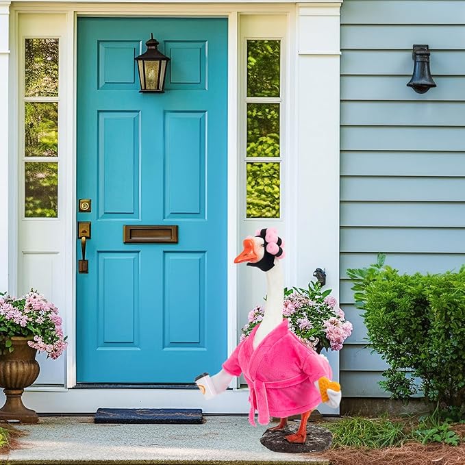 Porch Goose Outfit Fall Costume for 23'' Cement Goose Statue Winter Porch Goose Clothes Mamma Robe Self Care Outfit with Bathrobe Coffee Curlers for Outdoor Garden Yard Lawn Patio Decoration(Rose Red)