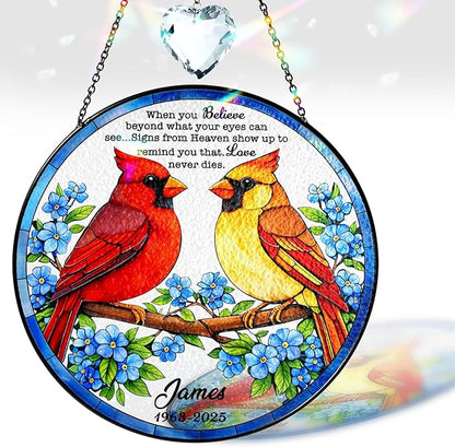 Personalized Cardinal Stained Glass Suncatcher Memorial, Custom Red & Yellow Cardinals Window Hanging with Crystal, Sympathy Gifts for Loss of Loved One, Memorial Day for Mom, Dad, Grandparent