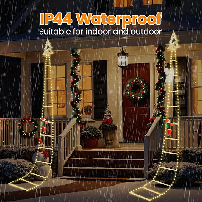 Christmas Ladder Lights with Santa Claus, 248 LED Rope Ladder Light, 8 Lighting Modes & 6H Timer, Waterproof Xmas Decorations Light for Indoor Outdoor, Yard, Porch, Wall, Christmas Tree Decor