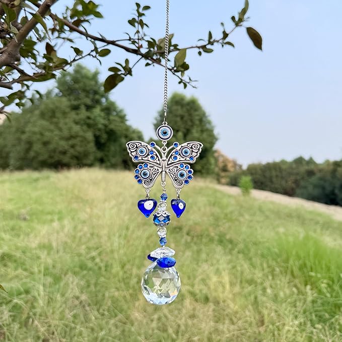 Crystal Suncatcher for Windows - Hanging Prism Sun Catchers with Crystal Balls&Blue Eye, Rainbow Maker for Home、 Garden、Car Decor (Butterfly)