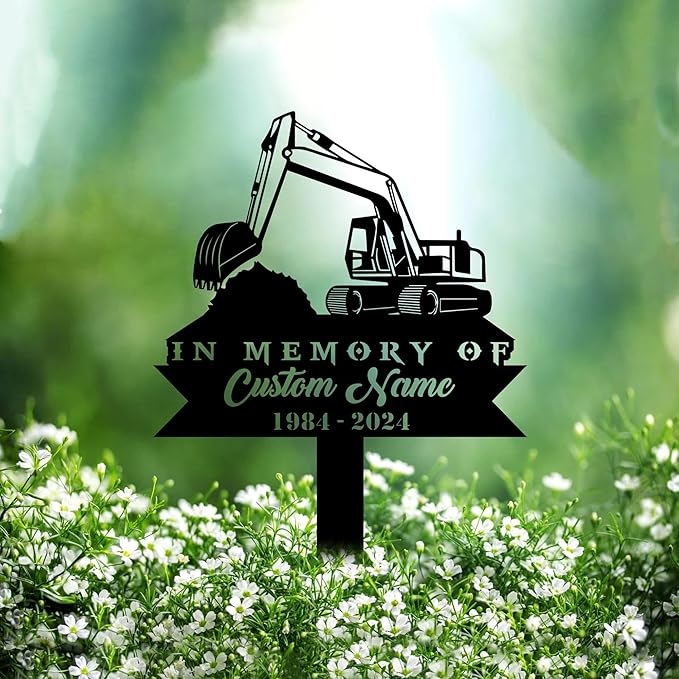 Custom Excavator Driver Metal Memorial Stake Personalized Excavator Grave Marker Name Sign Construction Equipment Remembrance Stake Decor,Memorial Statue Sign for Garden Outdoor Outside Yard Decor.