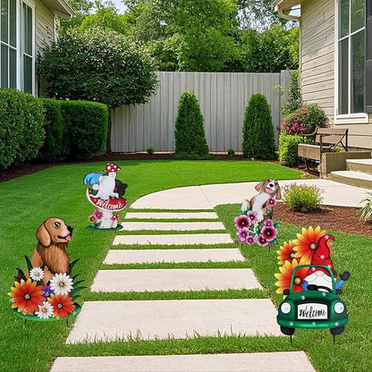WONDER GARDEN Decorative Garden Stakes - Lighted Gnome Drive Truck Yard Sign Stakes with Sunflower, Spring Welcome Signs for Outdoor, Porch, Yard,Flower Bed Decor