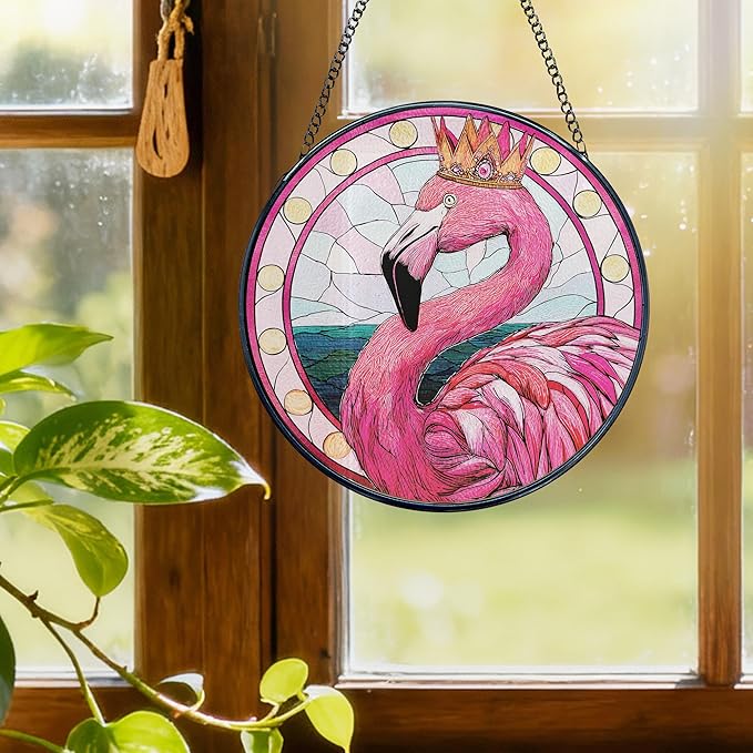 Pink Flamingo Stained Glass Window Hanging, Flamingo Suncatcher, Tropical Pink Flamingos Bird Sun Catchers Indoor Window Round Glass Wall Art Hanging Decorations, 7.9x7.9in