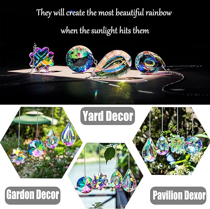 HDCRYSTALGIFTS 4pcs Crystal Suncatchers for Window Hanging Sun Catchers Indoor Rainbow Maker Crystals for Home Garden Decor Lamp Chandelier Lamp Prisms