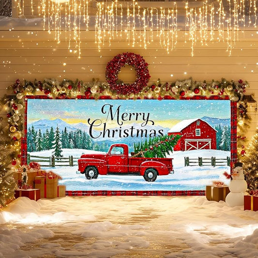 IVN Merry Christmas Garage Door Banner 13x6ft Festive Red Truck with Barn and Snowfield Photo Prop Background for Joyful Holiday Yard Door Cover Background Banner Outdoor Winter Scene